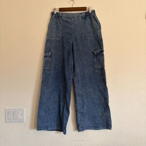 Vintage Lush Brand High Waisted Wide Leg Cargo Jeans - Acid Wash Denim